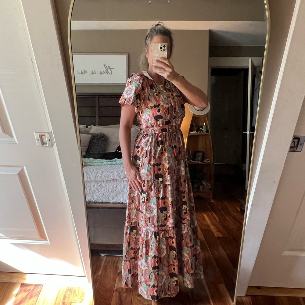 Anthropologie Coral and Black Floral Tiered Maxi Dress